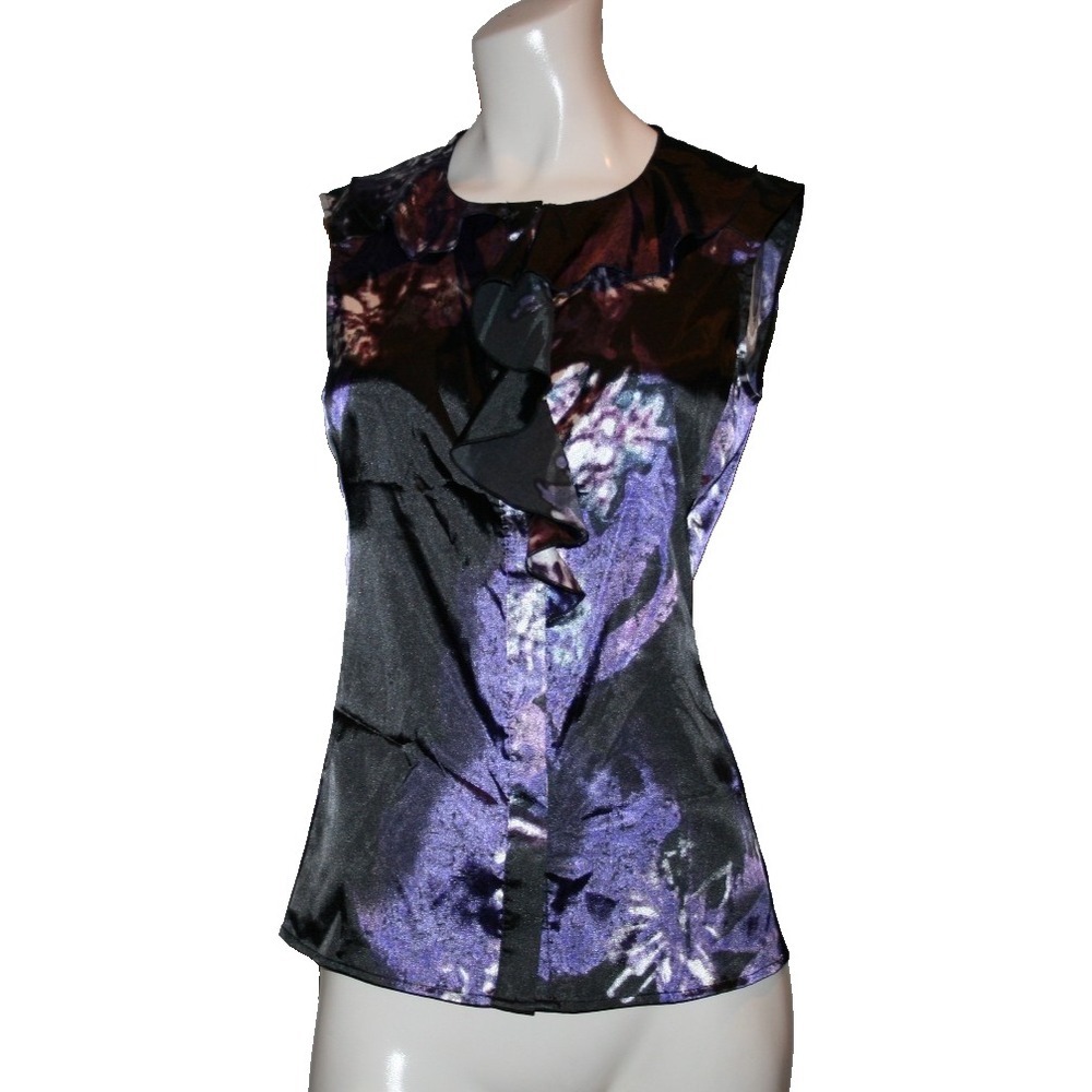 Tahari Floral Ruffle Top Sleeveless Purple Black Shirt Blouse‎ Button Front XS